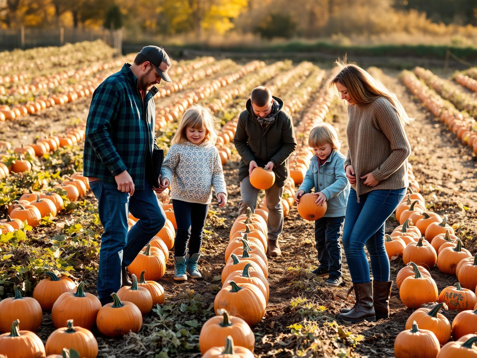 A family picking pumpkins straight from the patch